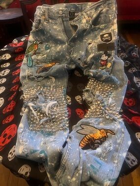 Custom Studmuffin Studded & Patchwork Distressed Light Blue Denim Jeans